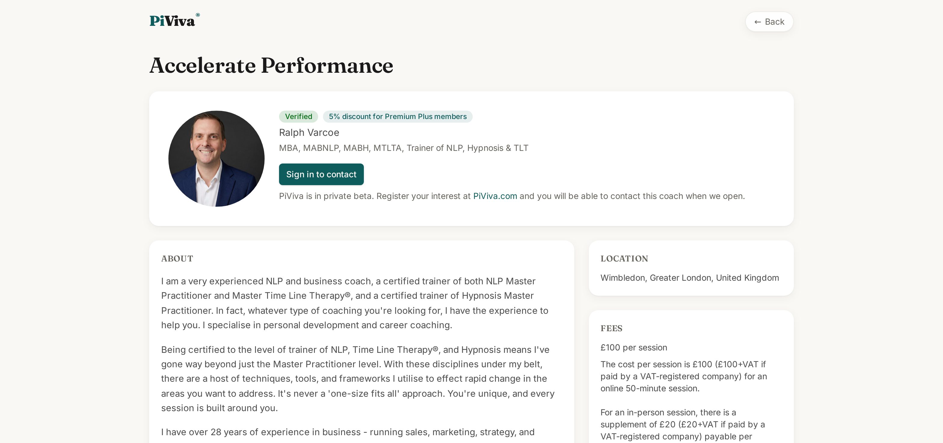 Ralph Varcoe's public coach profile on PiViva, showing the Verified mark.