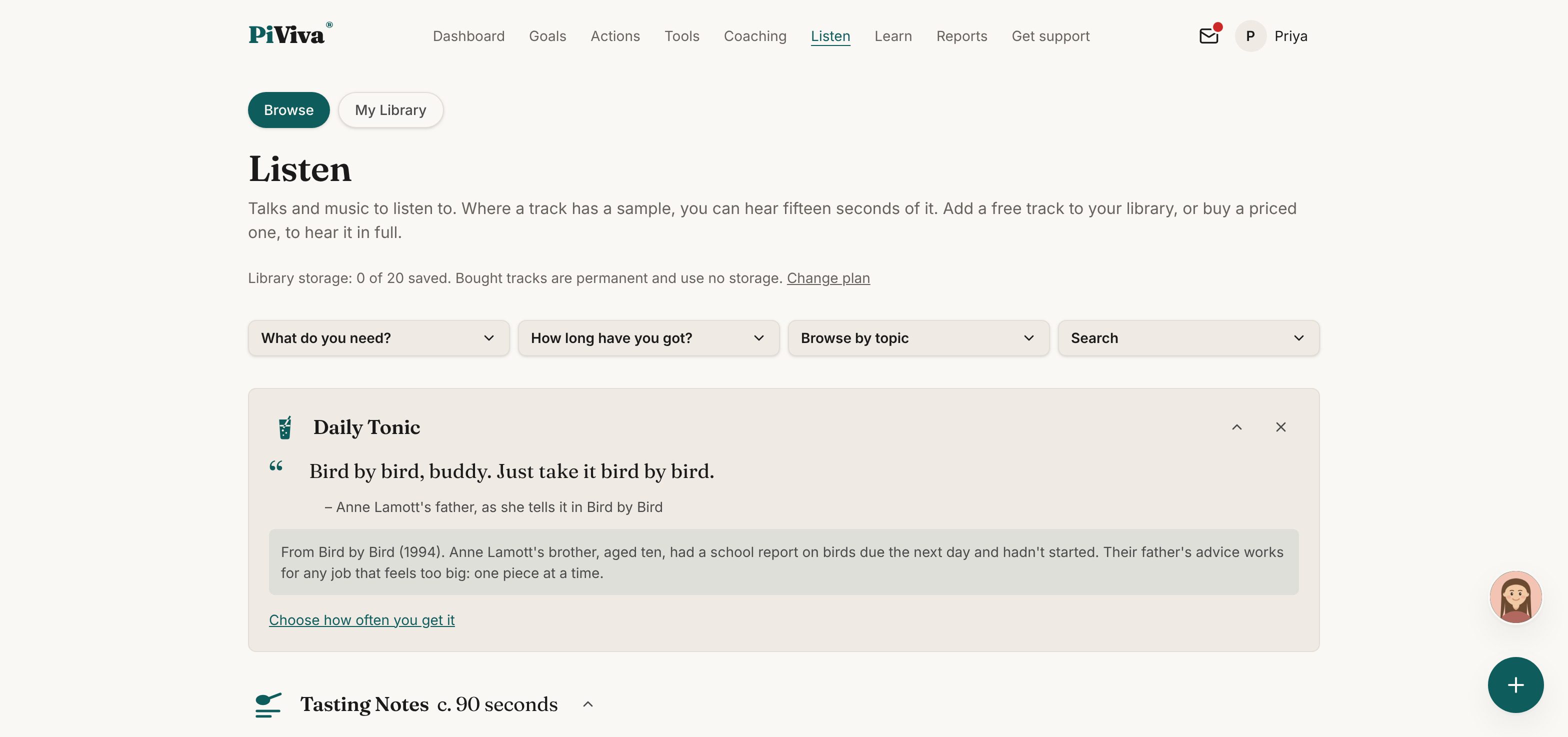 The Listen page, with the Daily Tonic and Tasting Notes.